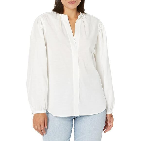 Vince Women's Braid Trim Band Collar Blouse White Button up Top Deep V-Neck XL - Picture 16 of 16